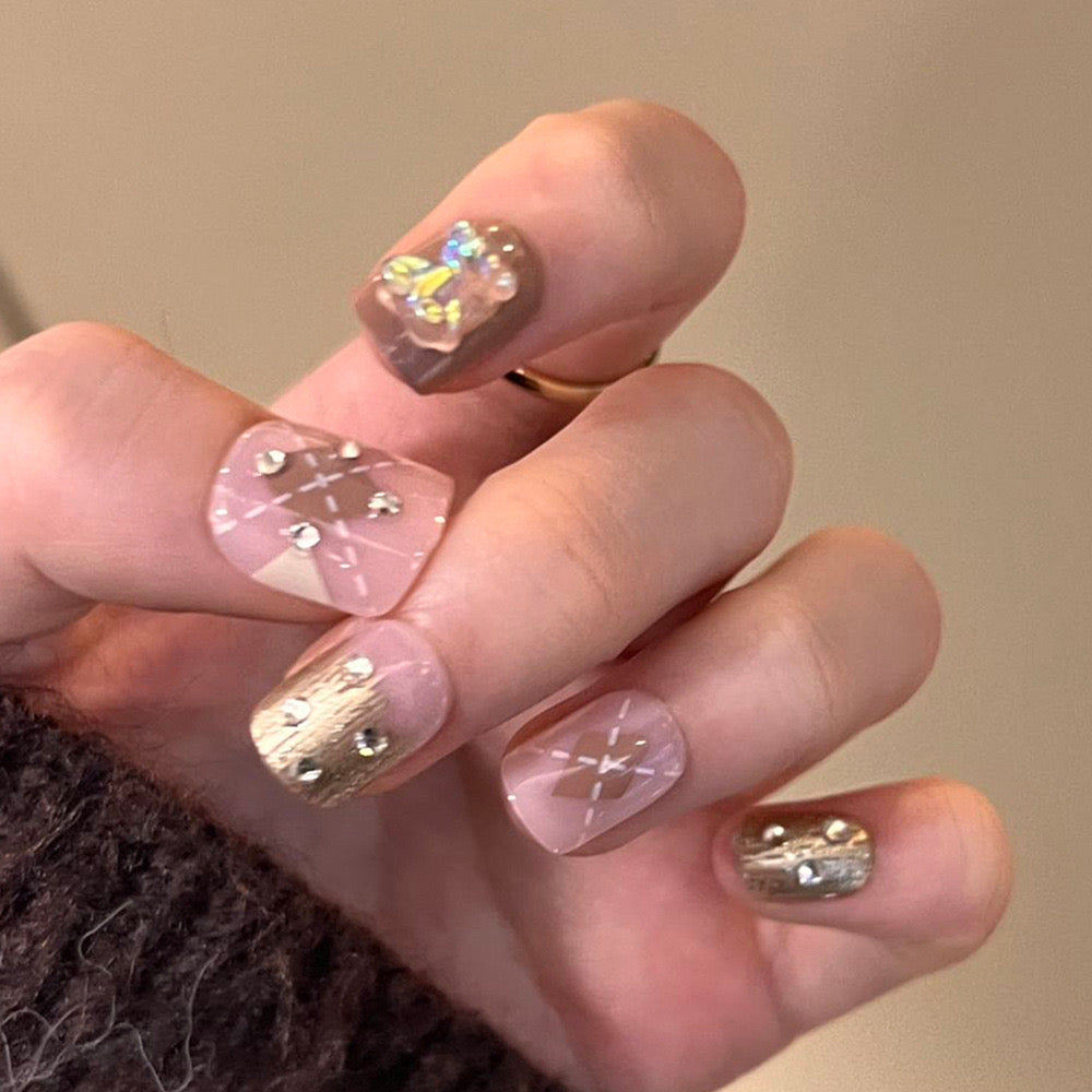 Chic Charm: Medium Square Beige Press On Nails with Crystal Accents and Metallic Embellishments