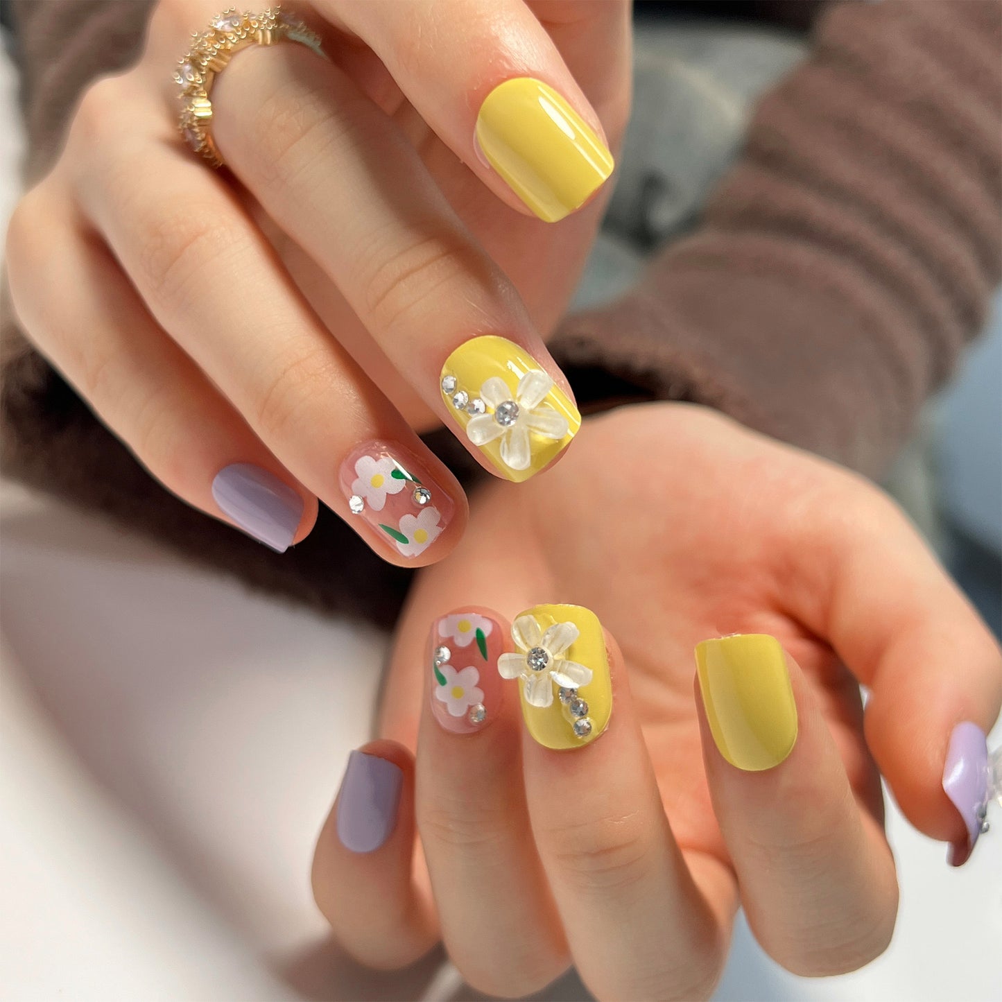 Spring Blossom Short-Length Square Press-On Nails in Pastel Yellow and Lavender with Floral Art and Gemstone Accents