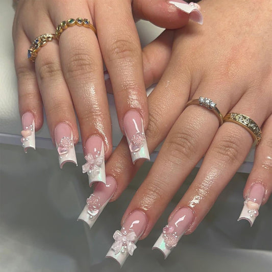 Bridal Bliss Long Coffin Press-On Nails with Sheer Pink and White Ombre, Embellished with Floral 3D Ar