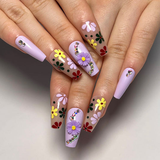 Springtime Serenade: Medium Coffin Lavender Press On Nails with Floral Embellishments and Gemstone Accents