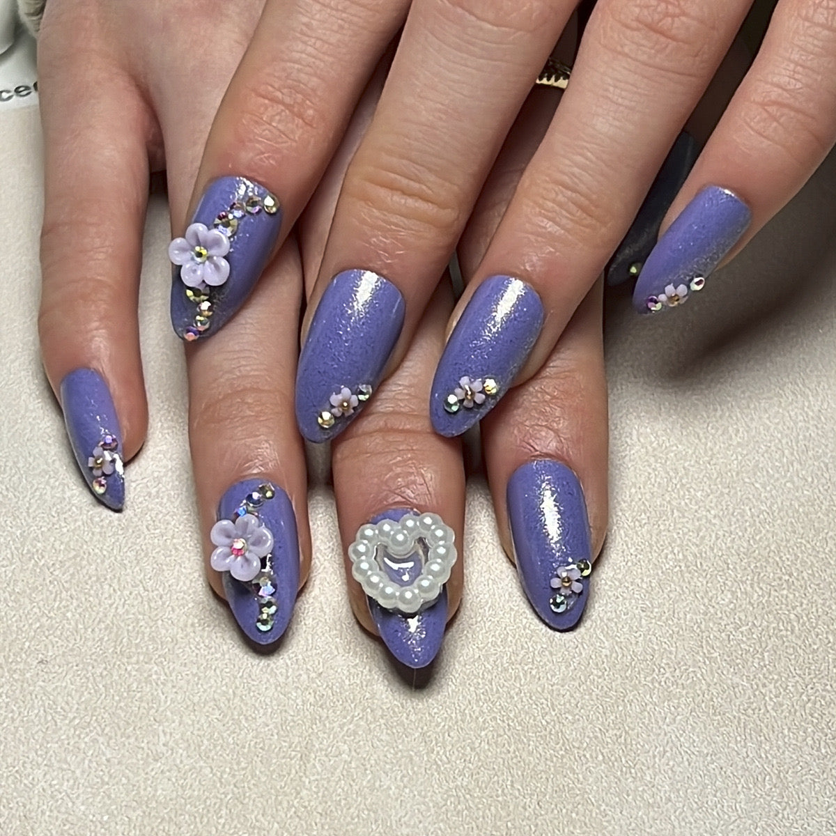 Spring Blossom Long Almond Lavender Press-On Nails with 3D Flower Accents and Pearl Details