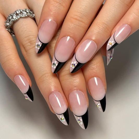 Chic Contrast Extra Medium Almond Baby Pink and Black Press-On Nails with Crystal Flower Accents