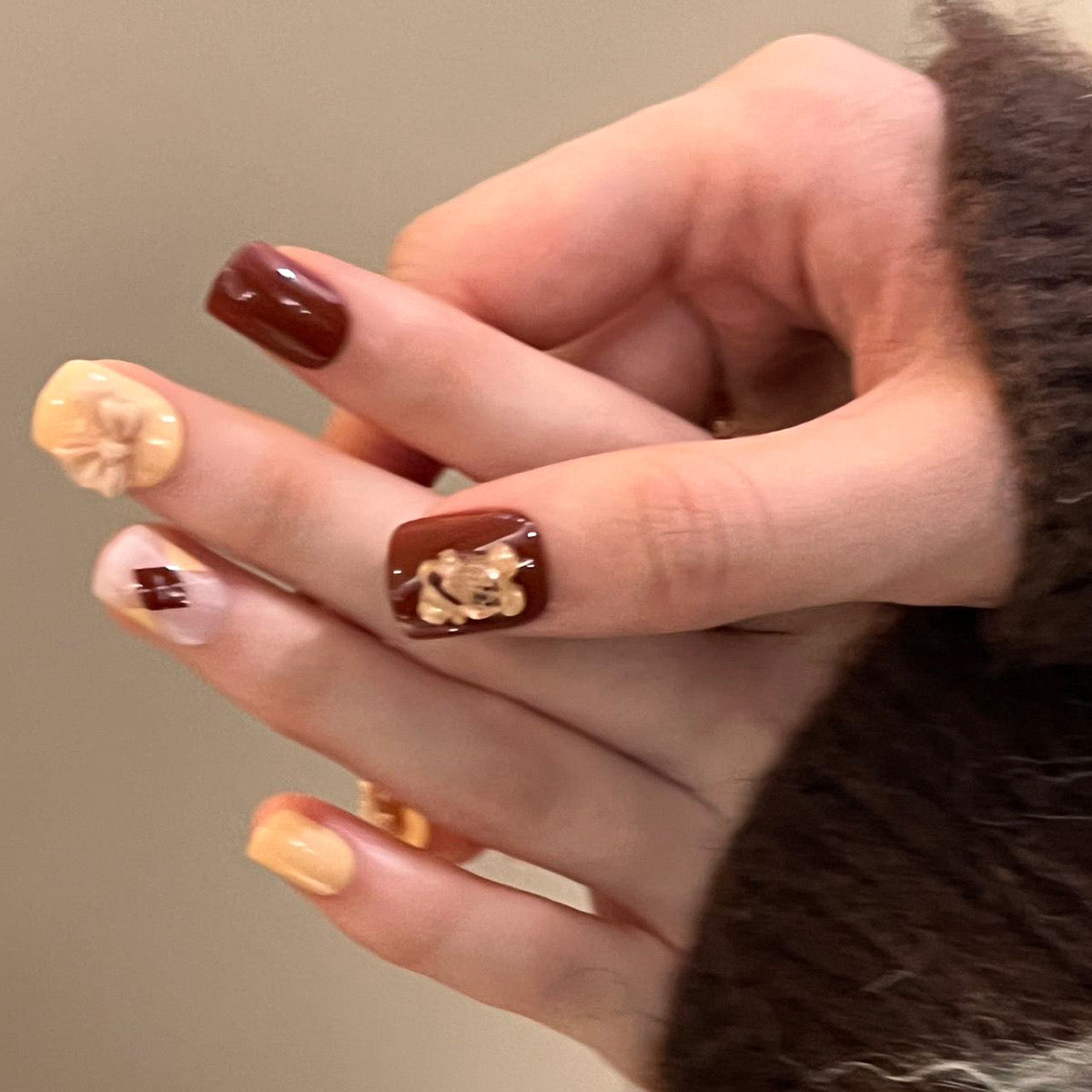 Autumn Spice Medium-Length Square Press-On Nails in Mixed Mocha and Caramel Tones with Floral and Gemstone Embellishments