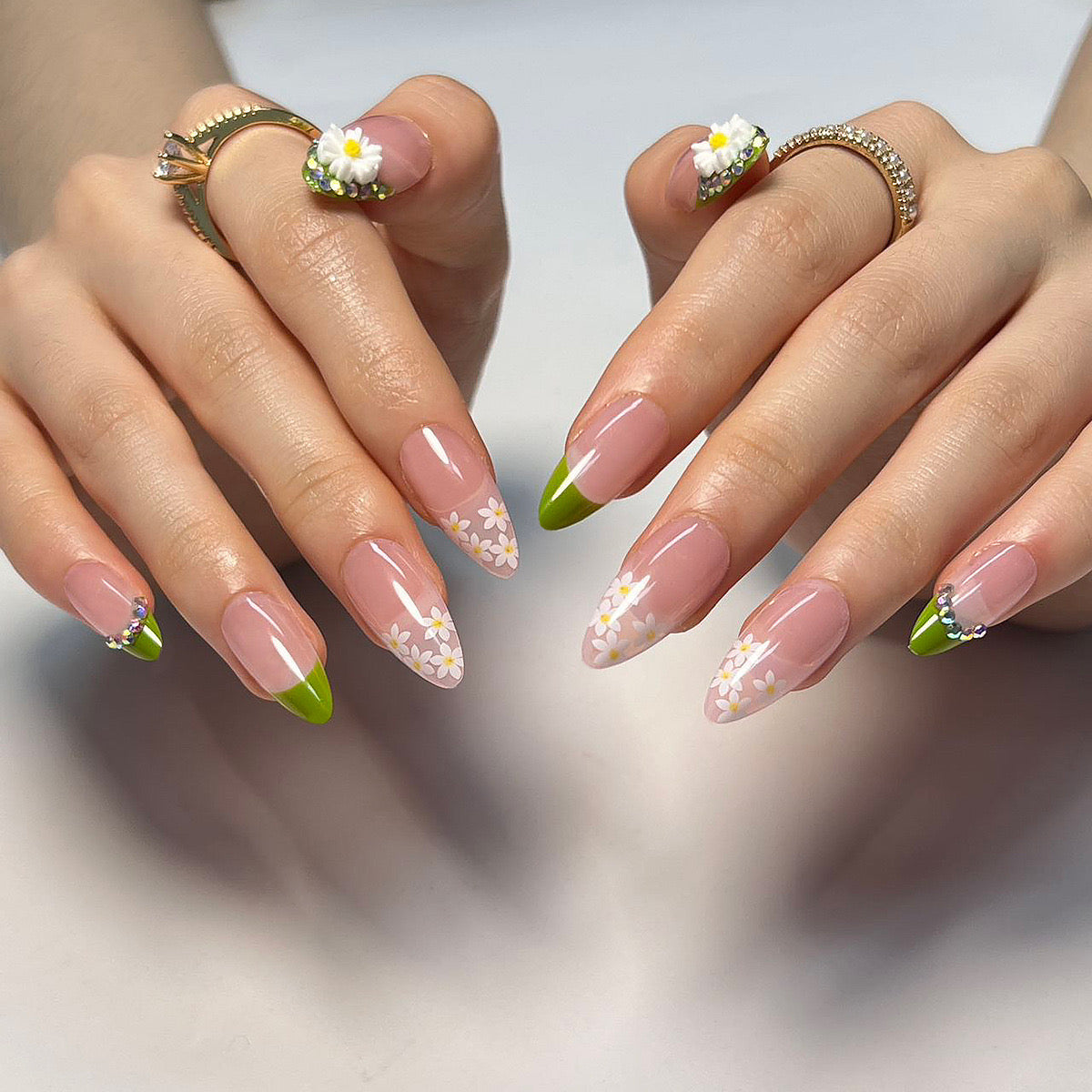 Spring Blossom Medium Almond Pink Press-On Nails with Green Tips and Floral Accents