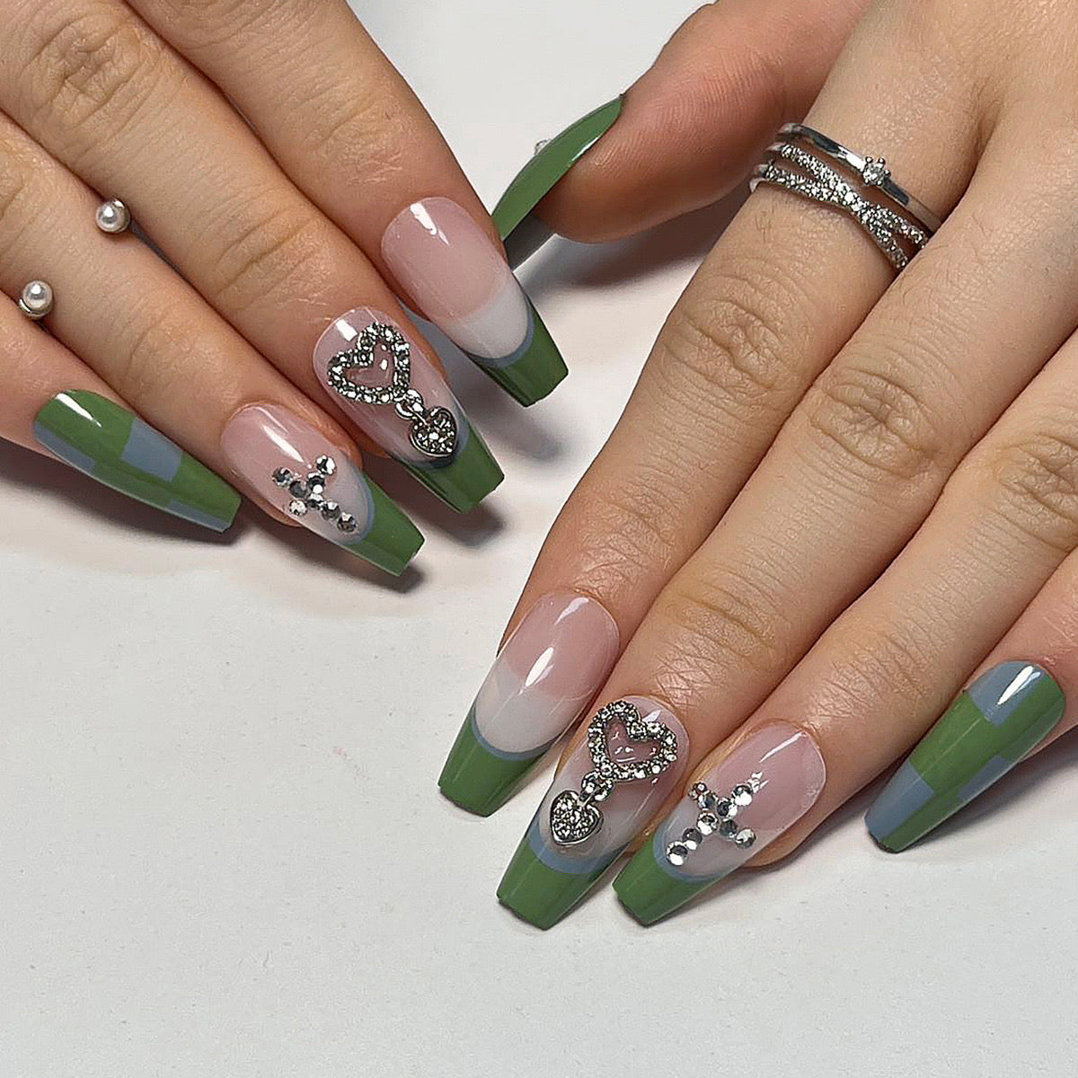 Enchanted Forest Long Coffin Olive and French Tip Press-On Nails with Crystal Embellishments