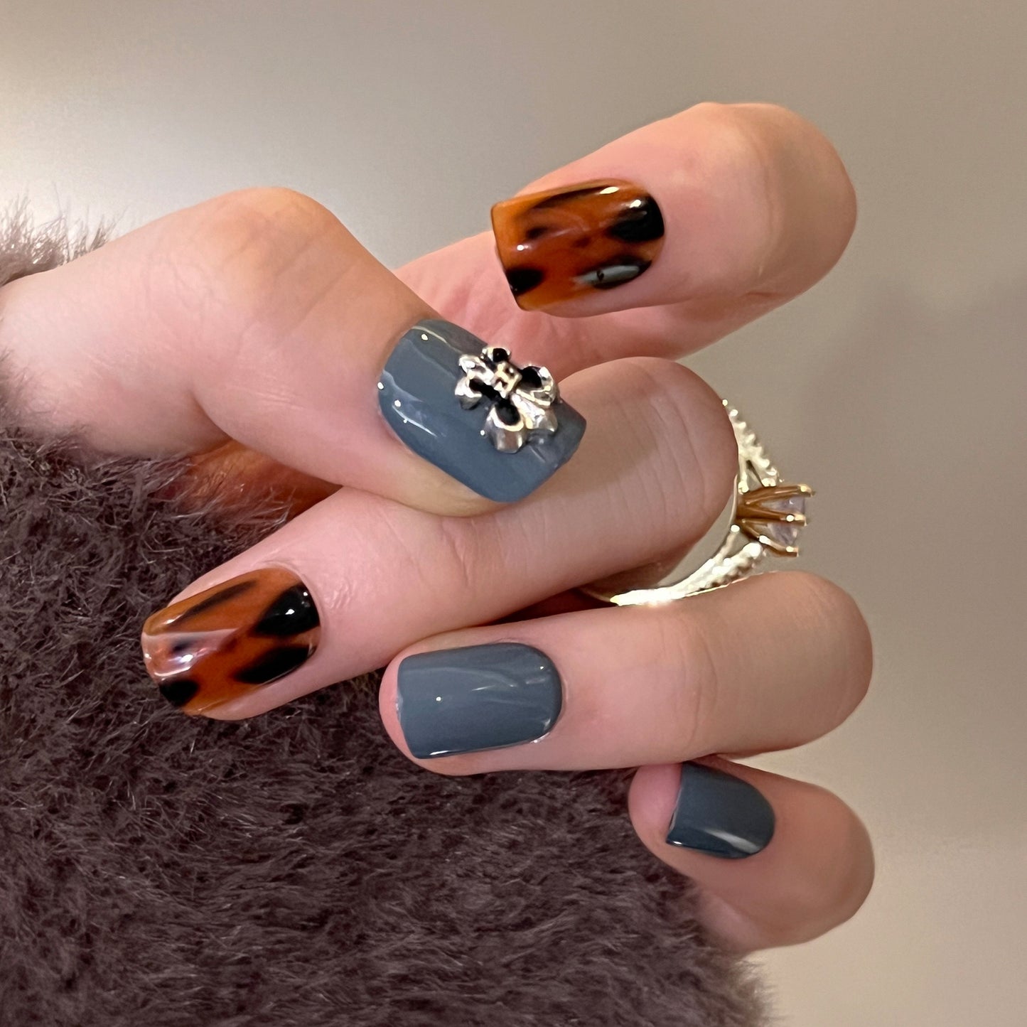 Autumn Allure Medium Length Square Charcoal and Tortoiseshell Press-On Nails with Floral Embellishment