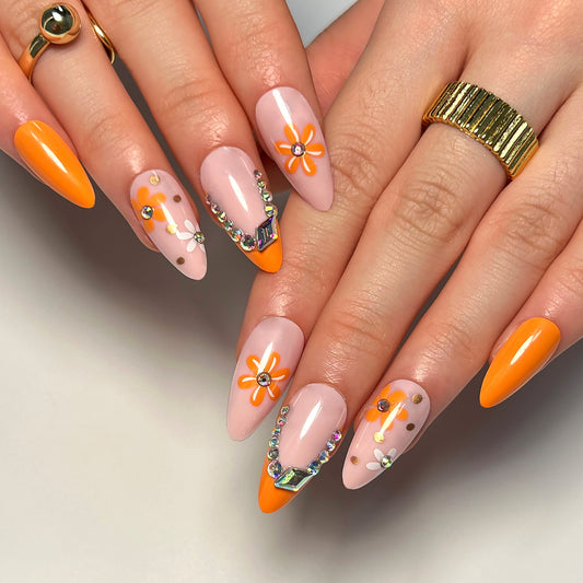 Summer Citrus Medium Almond Dual-Toned Nails with Daisy Accents and Gemstones