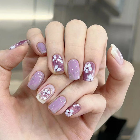 Lavender Dreams Short Square Lilac Press On Nails with Floral Marble Design