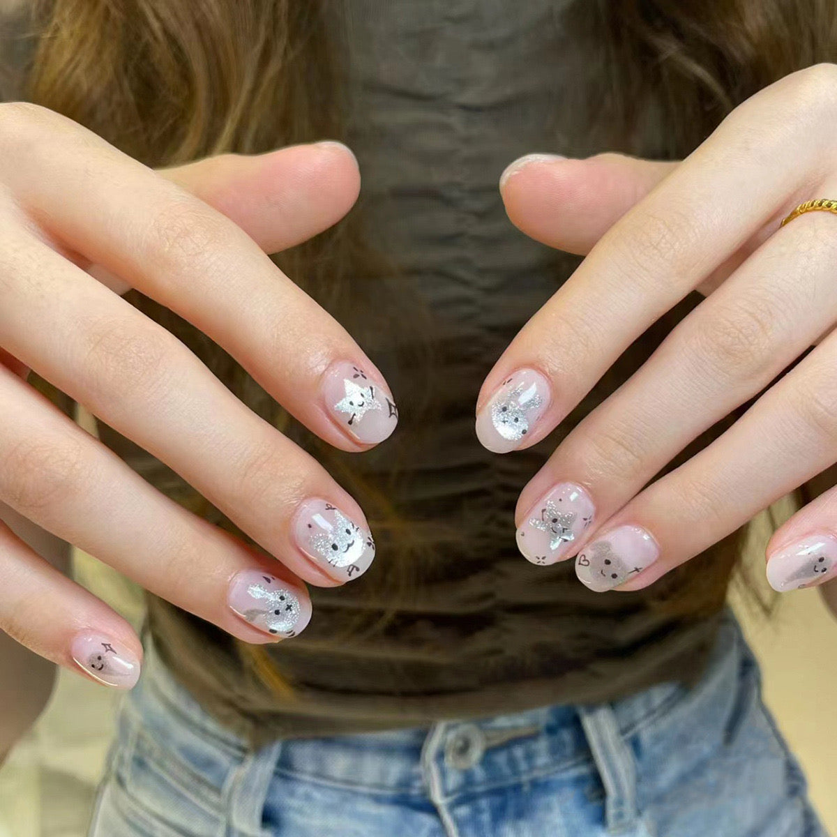 Whimsical Winter Short Round Translucent Press-On Nails with Silver Glitter Snowflake Accents