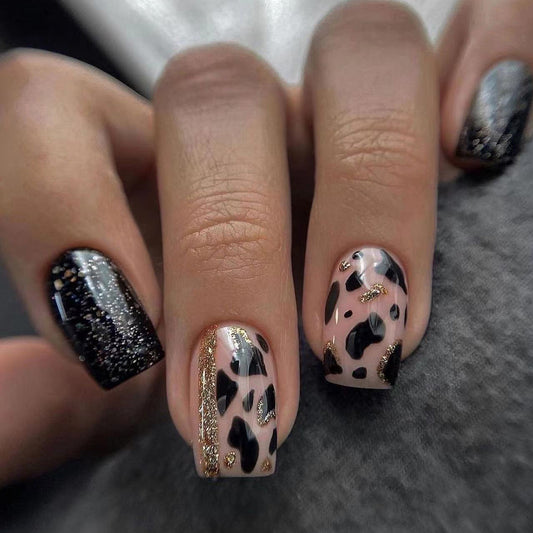 Urban Chic Medium Square Beige Press-On Nails with Black Glitter and Gold Accents