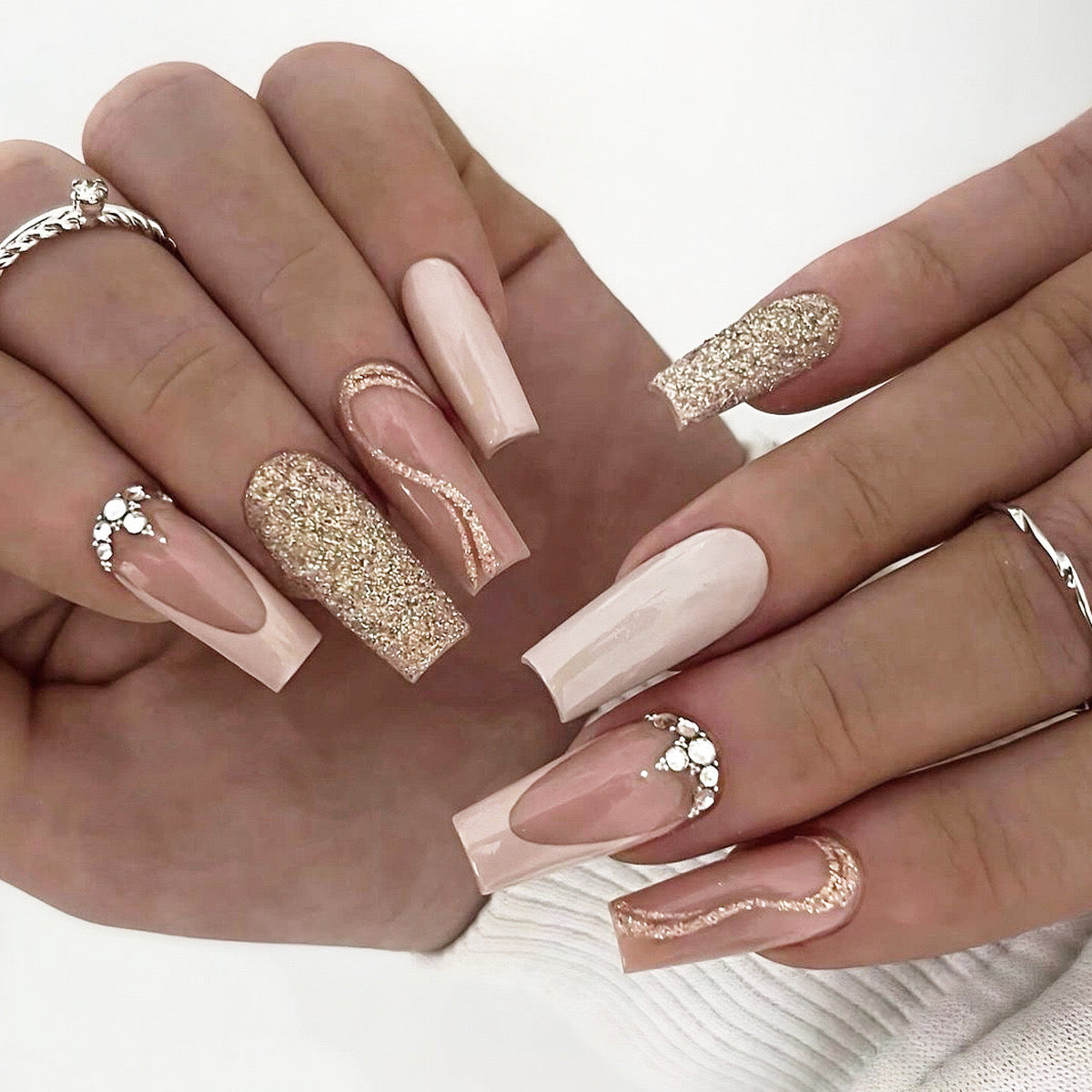 Glamorous Gala Extra Long Coffin Beige Press-On Nails with Gold Glitter and Rhinestone Embellishments