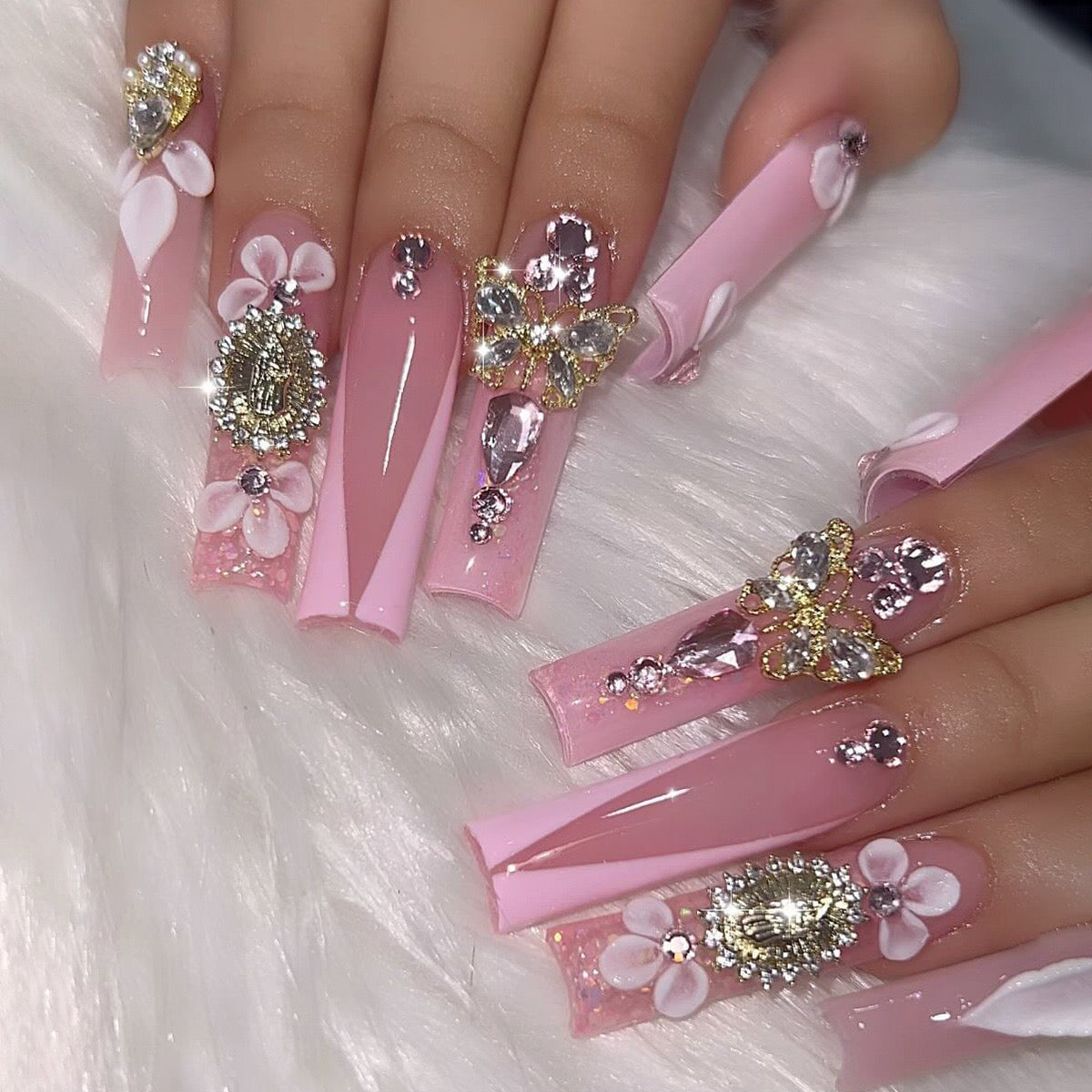 Glamorous Long Coffin Pink Press-On Nails with Floral and Jewel Embellishments