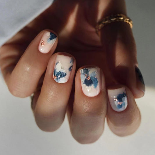 Spring Blossom Short Square Press-On Nails with Hand-Painted Blue Floral Art and Glitter Accents