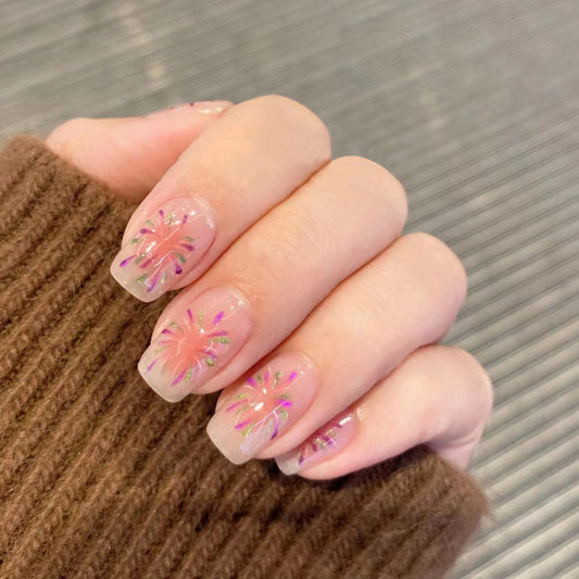 Spring Blossom Medium Length Square Pink Press On Nail Set with Floral Accent Design