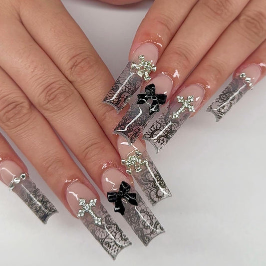 Enchanted Elegance Extra Long Coffin Lace-Printed Transparent Press-On Nails with Charms and Snowflake Accents