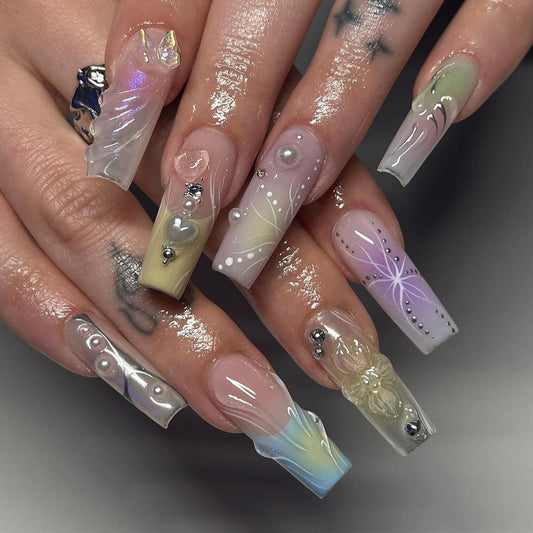 Ethereal Aura Long Coffin Ombre Press On Nails with Pearlescent Accents and Floral Embellishments