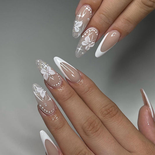 Enchanted Wedding Long Almond Press-On Nails in Beige and White with Floral 3D Applique