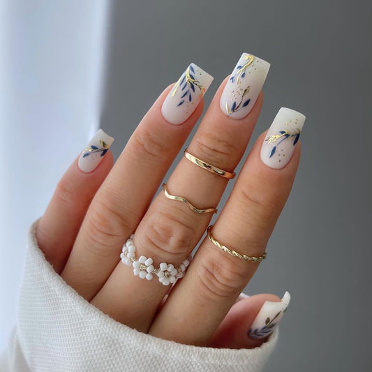 Floral Whisper Medium Square White Press-On Nail Set with Lavender Flower Accents and Gold Flakes