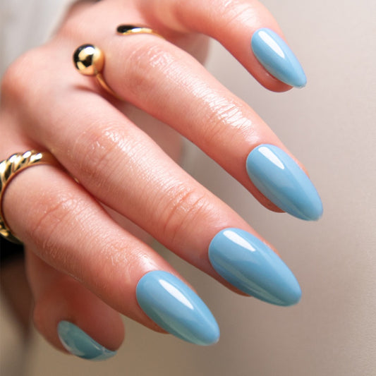 Soothing Skies Long Almond Sky Blue Press On Nails with Sleek Finish