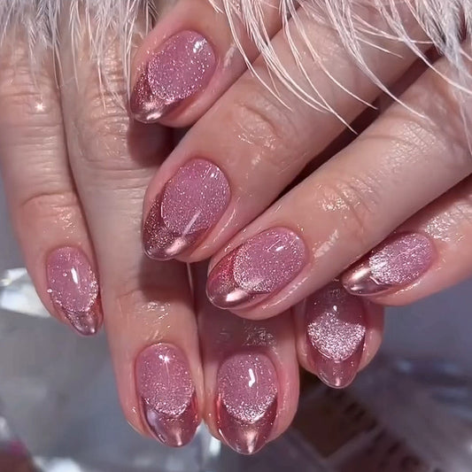 Glittering Rose Medium Oval Dusty Pink Press On Nails with Metallic Sheen