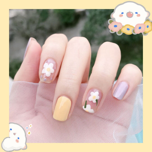 Blooming Spring Short Square Yellow Floral Press On Nails