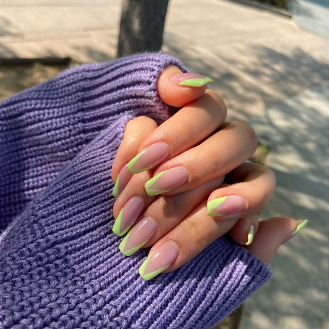 Spring Blossom Medium Coffin Peach Press-On Nails with Neon Green Accents