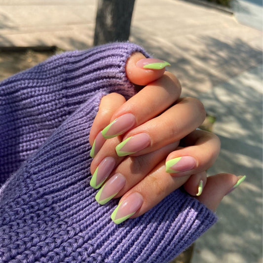 Spring Blossom Medium Coffin Peach Press-On Nails with Neon Green Accents