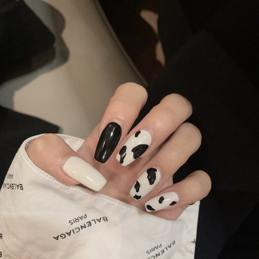 Cow Herd Long Coffin Black Animal Pattern Press On Nails