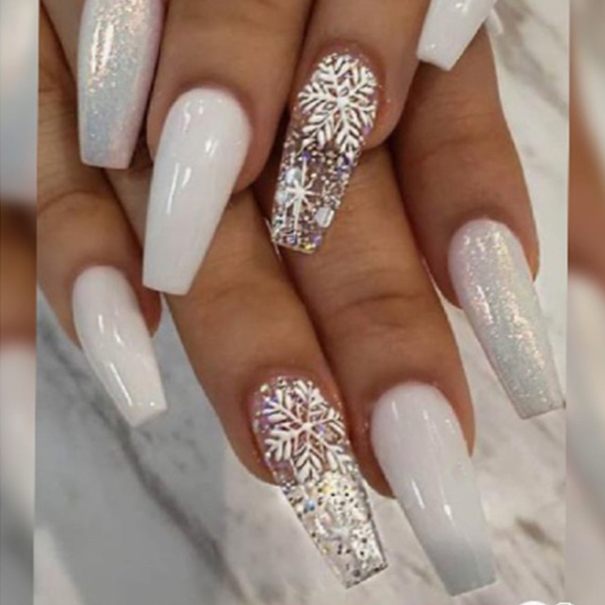 Snowy Landscape Long Coffin Silver Winter Press On Nails