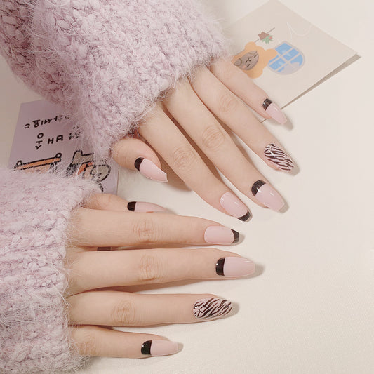 Zebra Stripes Long Coffin Pink Animal Pattern Press On Nails