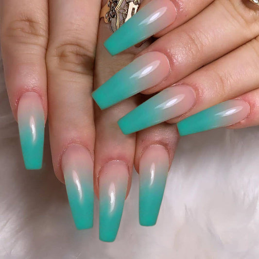 At The Beach Long Coffin Blue Vacation Press On Nails