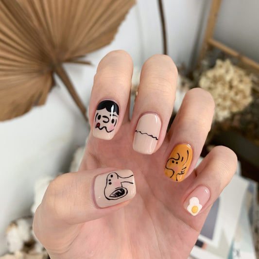 Charlie Brown Short Square Beige Cartoon Press On Nails