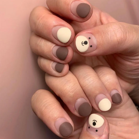 Beary Round Short Oval Beige Cartoon Press On Nails