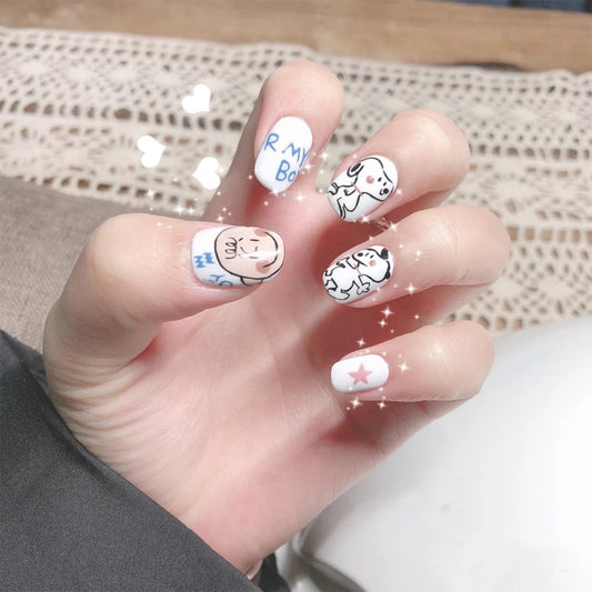 Good Grief Short Oval White Cartoon Press On Nails