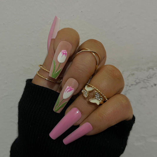 Spring Blossom Long Coffin Pink Press On Nail Set with Floral Accents