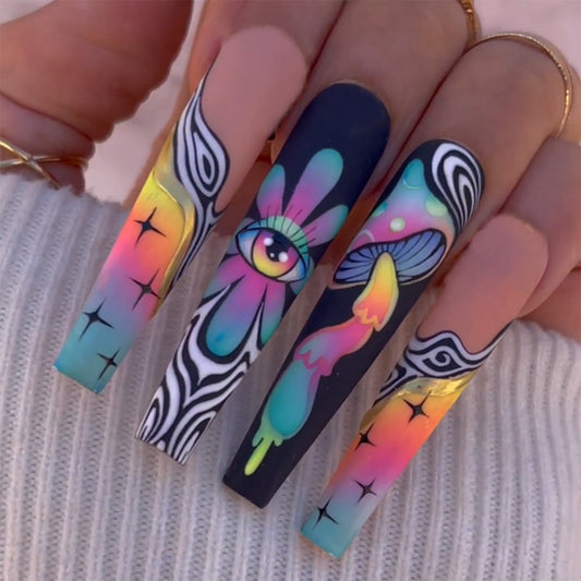 Mushrooms Trip Long Coffin Multicolor Abstract Press On Nails