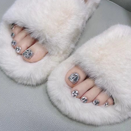 Crystals Studded Silver Press On Toenails