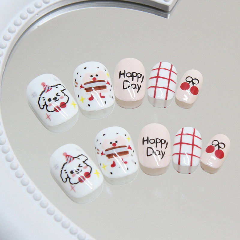 Festive Fun Short-Length Round Press-On Nail Set in White and Pink with Cartoon Dog and Snowman Design