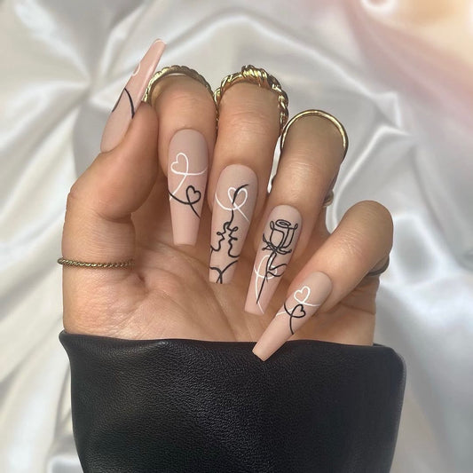 Rose Sketch Long Coffin Beige Cartoon Press On Nails