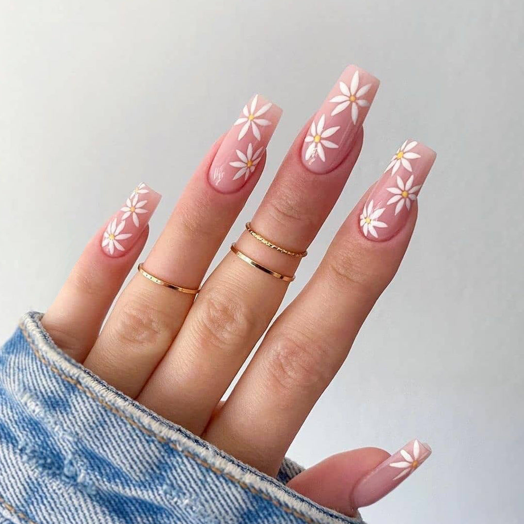 Daisy Power Long Square Pink Floral Press On Nails