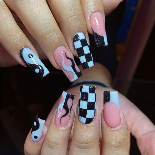 Yin Yang Checkered Fire Long Square Black Astrology Press On Nails