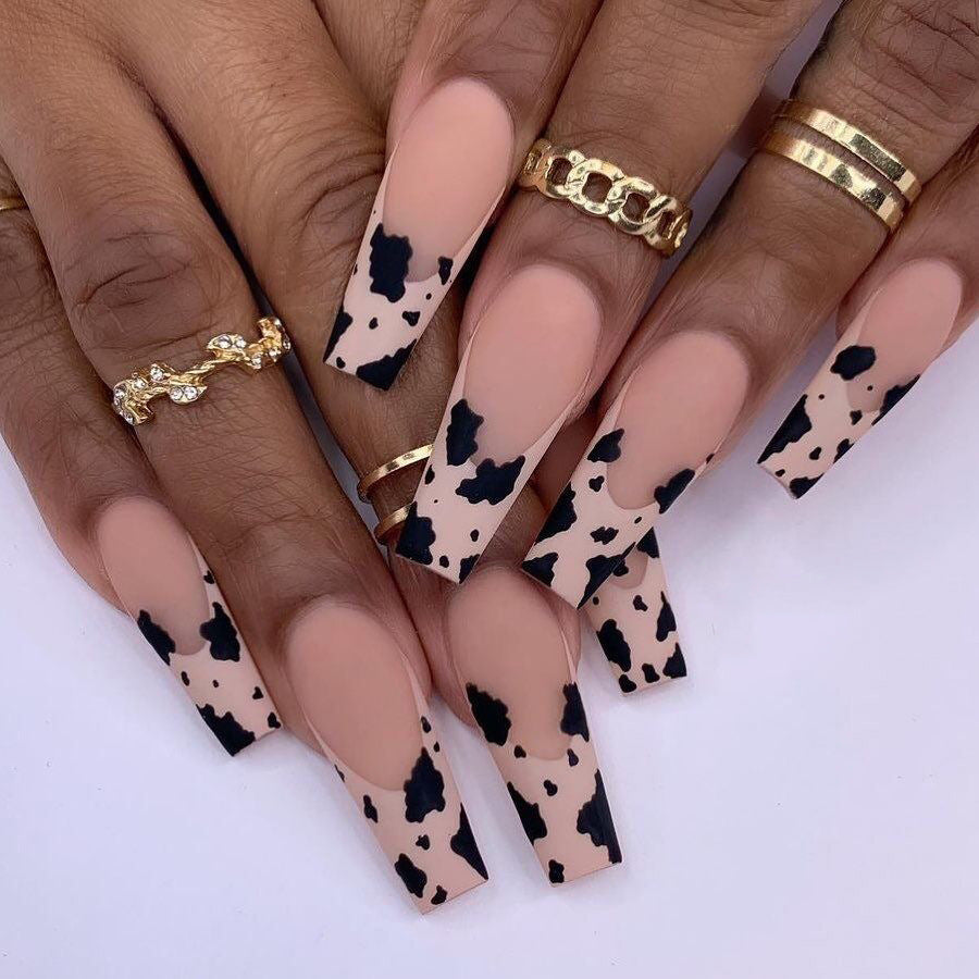 Beige Cow Long Coffin Beige Animal Pattern Press On Nails