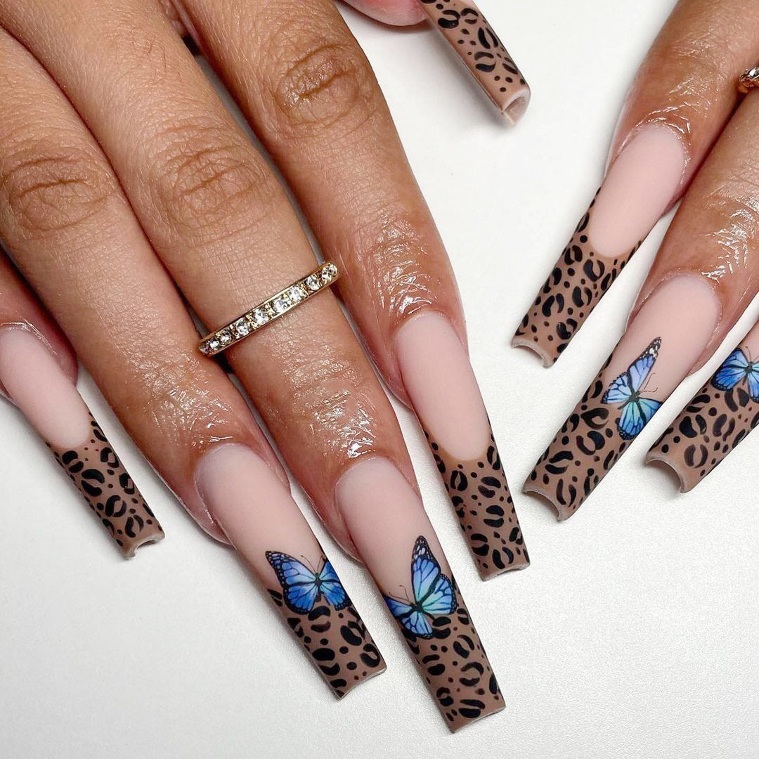 Butterfly Jungle Long Square Beige Leopard Press On Nails