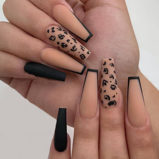 Nightstand Long Coffin Beige Leopard Press On Nails