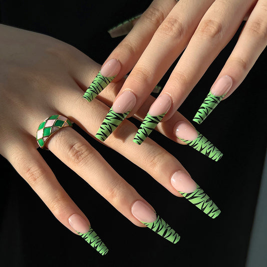 Zigzag Zebra Long Coffin Green Animal Pattern St. Patrick's Day Press On Nails