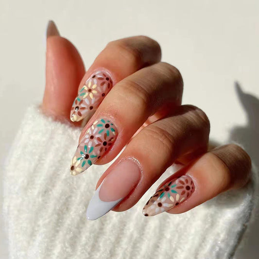 Flower Pressure Long Almond Beige Floral Press On Nails