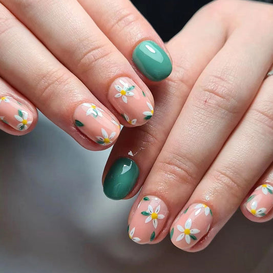 Try It Out Short Oval Beige Floral Press On Nails