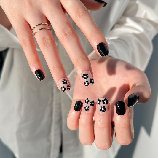 The Pro Flower Short Square Black Floral Press On Nails