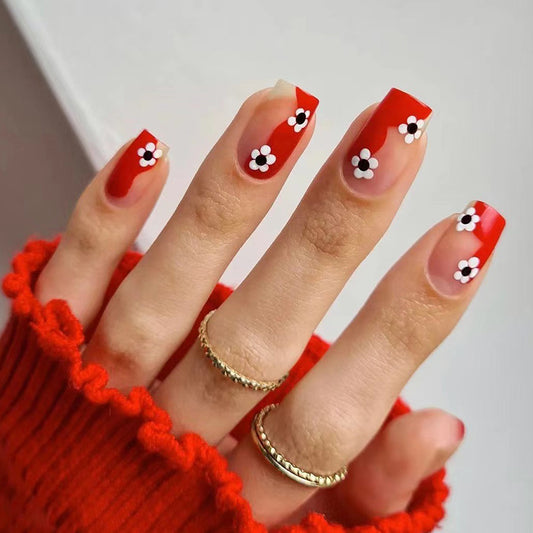 Reveals Short Square Red Floral Press On Nails