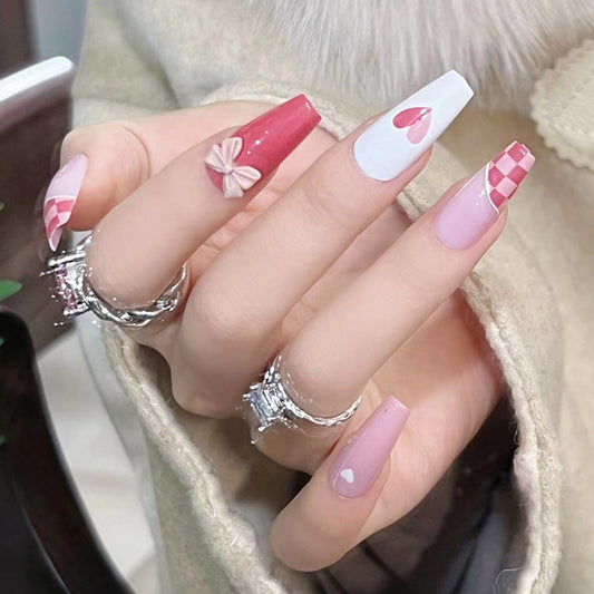 Check and Mate Long Coffin Pink Hearts Press On Nails